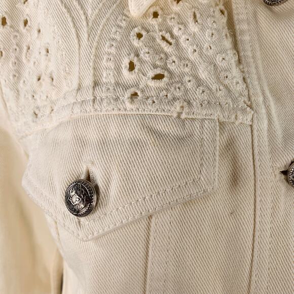 ETRO Size M Cream Eyelet Denim Fringe Trucker Jacket Blazer - Picture 8 of 10